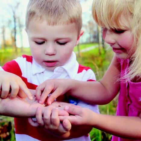A boy and a girl looking at something in the palm of a grown-ups hand