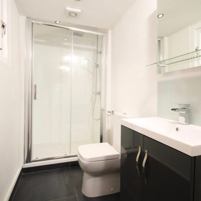 A black and white bathroom with a shower cubicle