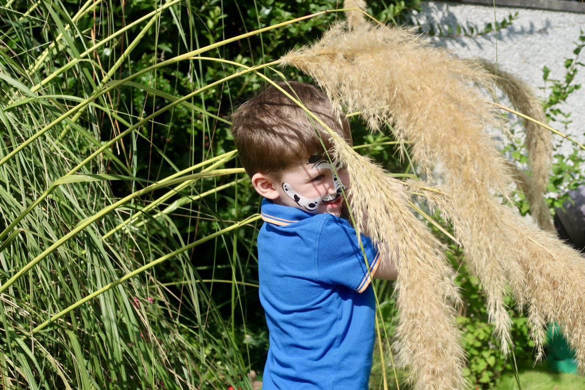 A boy hiding amongst the plants with his face painted like a dalmatian
