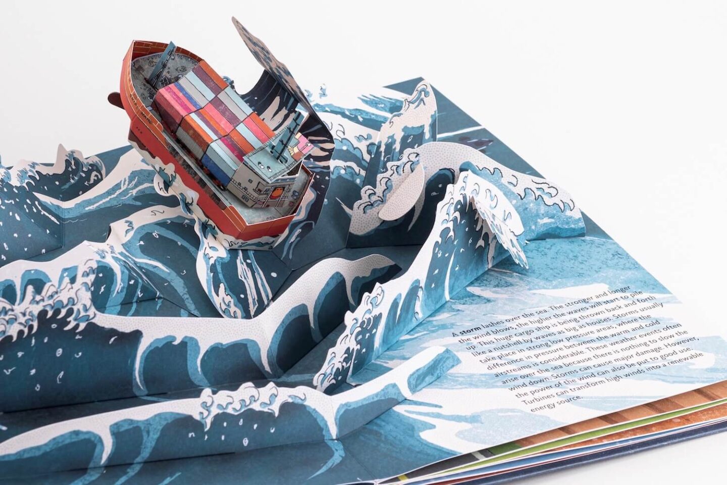 An open book with a pop-up wave and boat