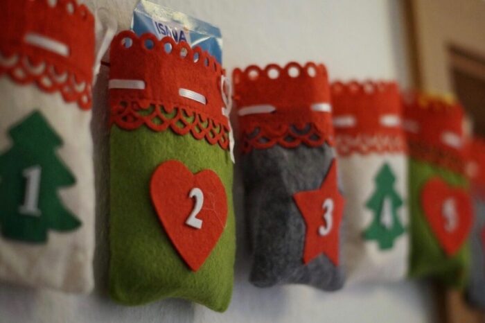 Felt advent calendar numbers 1, 2 and 3.