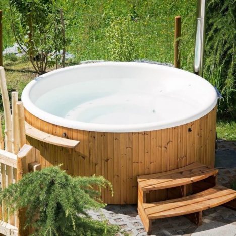 A hot tub in a garden