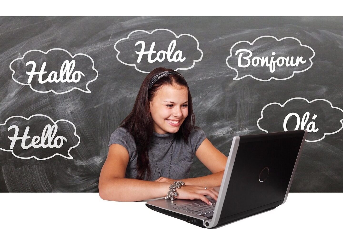 A girl looking at a laptop with hello written in different languages on a blackboard behind