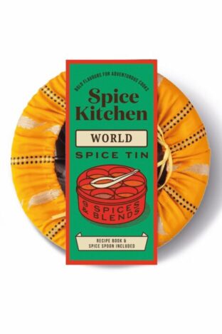 A large round tin with an orange material cover
