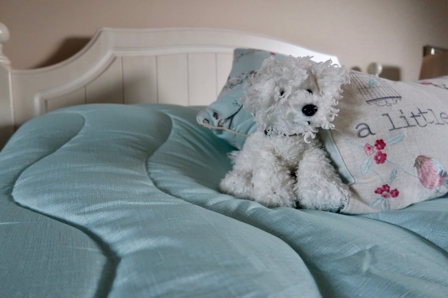 A green coverless duvet on a grean bed with some cusions and a white stuffed dog toy