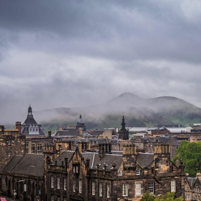The roof tops of Edinburgh on a grey and cloudy day