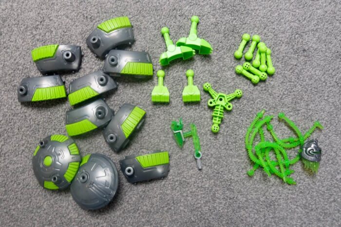 The parts of a Gigabot Fragbot toy