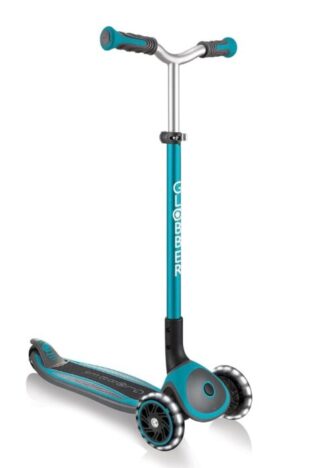 A 3 wheeled globber scooter with light up wheels