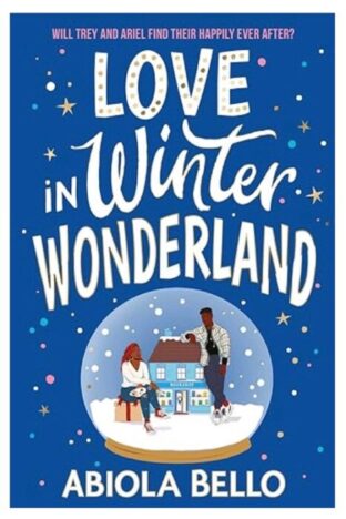 The front cover of a book titled "love in winter wonderland". There is a drawing of two people in a snow globe"