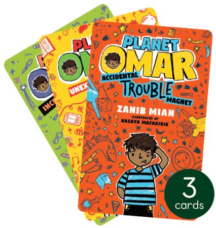 3 yoto cards in bright colours. The top one has a picture of a little boy and has "planet Omar" written on it