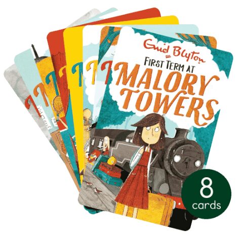 Yoto cards fanned out. The top card has "Malory towers" written on it and a picture of a train and a young girl