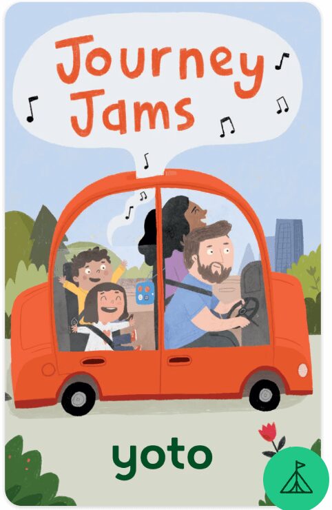 A sketch of a red car with a family in it with musical notes coming out the top