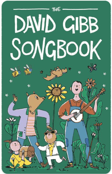 A cartoon of a man in dungarees playing the banjo with some animals in clothes dancing