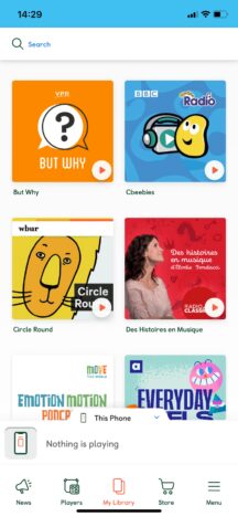 A screenshot of the Yoto app on the podcasts page