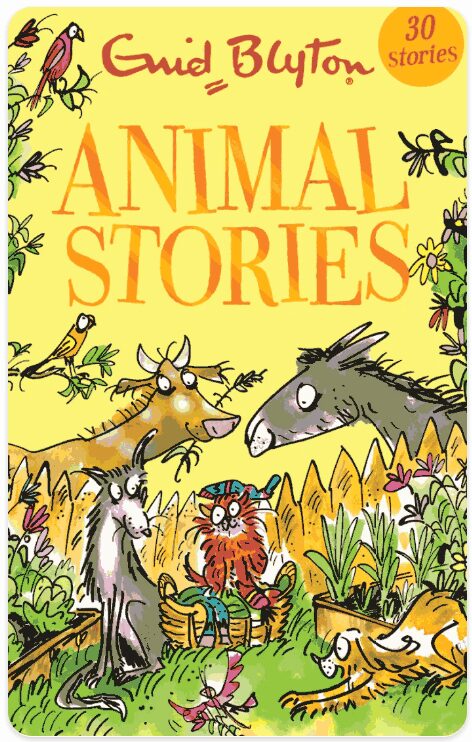 A picture of lots of cartoon animals in the wild with "animal stories" written above