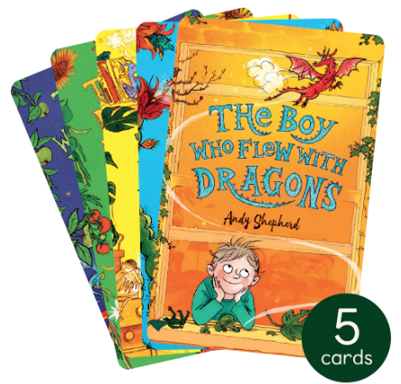 5 stacked yoto cards. The top card is orange and has a picture of a boy and a red dragon