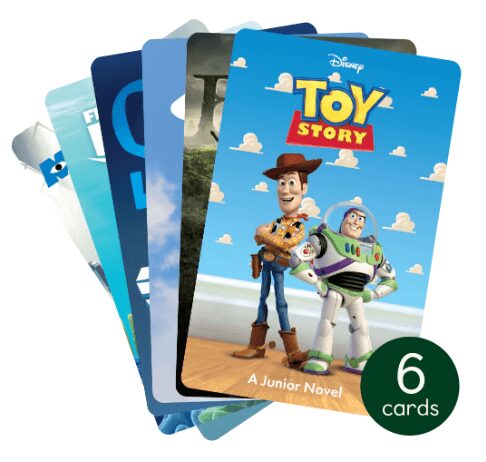 A stack of Pixar Yoto cards. The top card has A toy cowboy and astronaut from Toy story