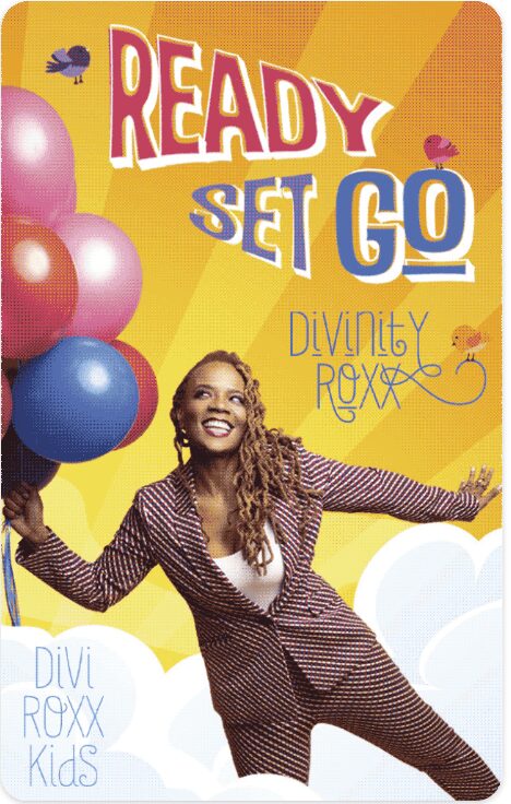 A yoto card  with a black woman in a striped suit holding a large bunch of balloons