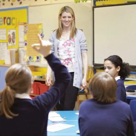 A teacher looking at her class of primary school aged children