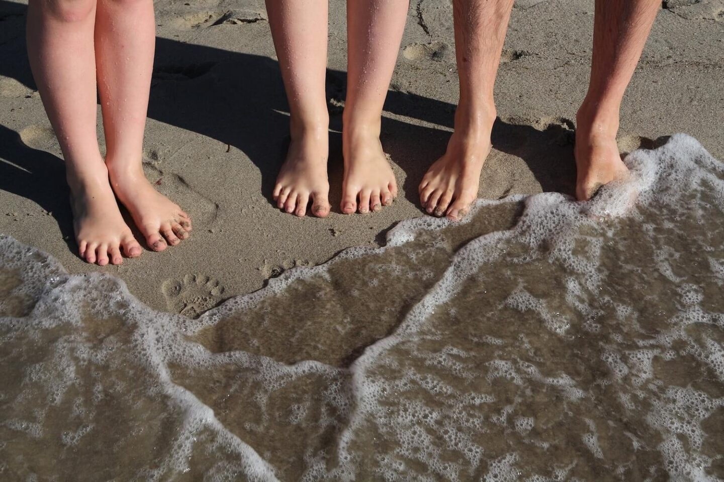 3 sets of legs with bare feet on the beach at the edge of the sea