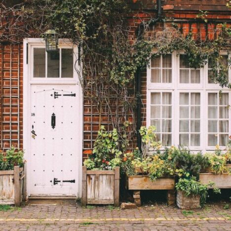 The front of a red brick house. It is picturesque, with white windows and doors and a lot of greenery climbing up the walls