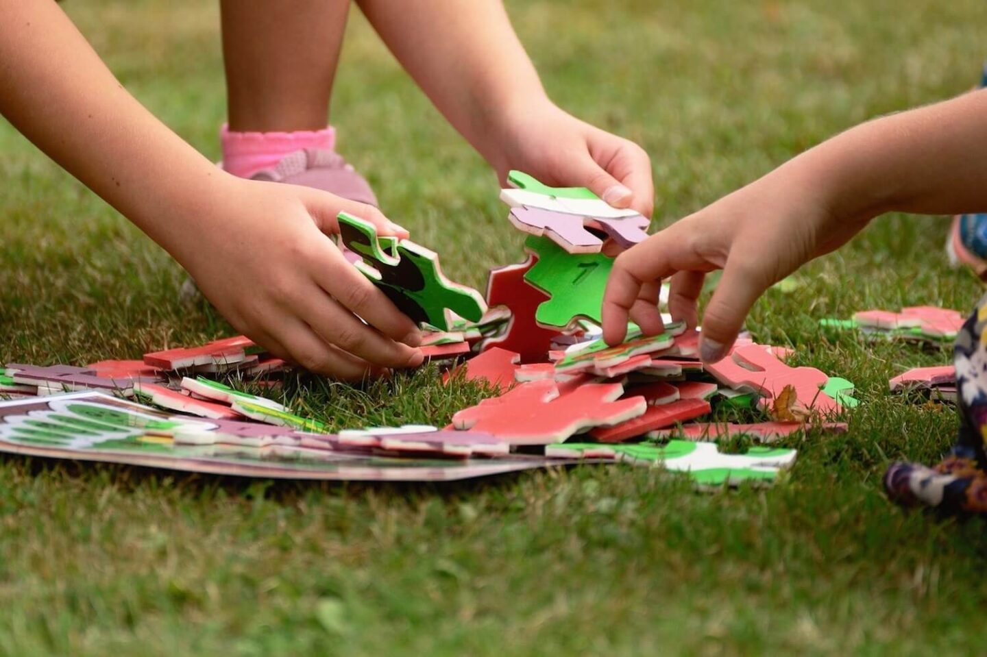 The hands of 2 children sorting jigsaw pieces on some grass