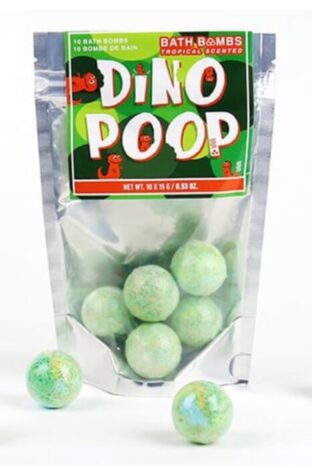 A bag with small green balls in it. Dino Poop is written along the top