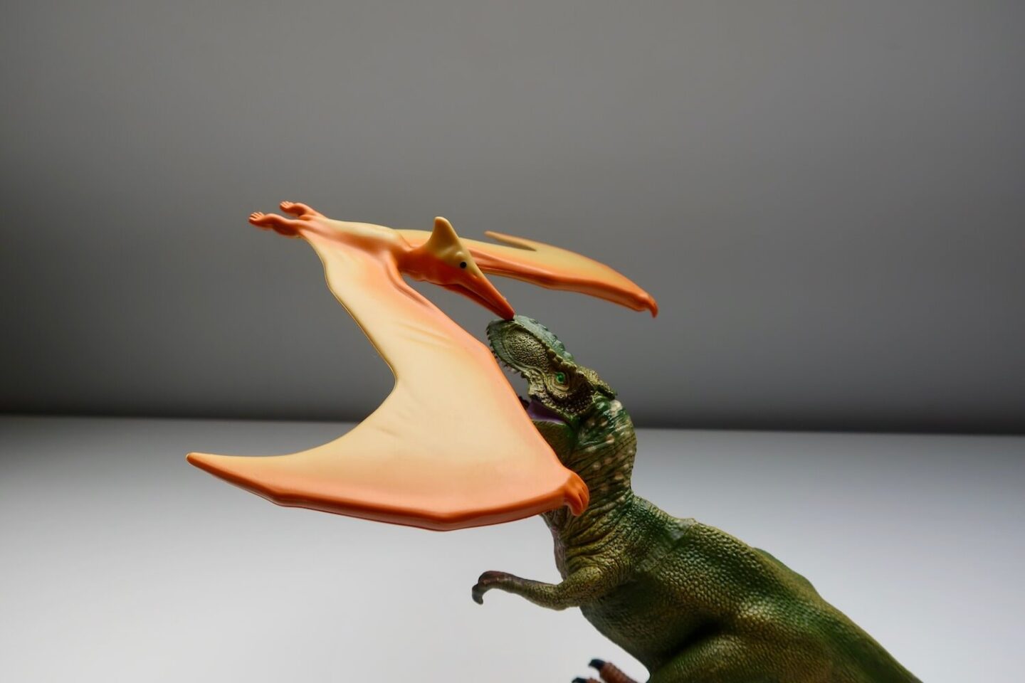 A Pteranodon toy balancing on a T-Rex