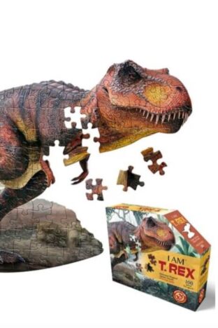 A jigsaw shaped like a t-rex dinosaur