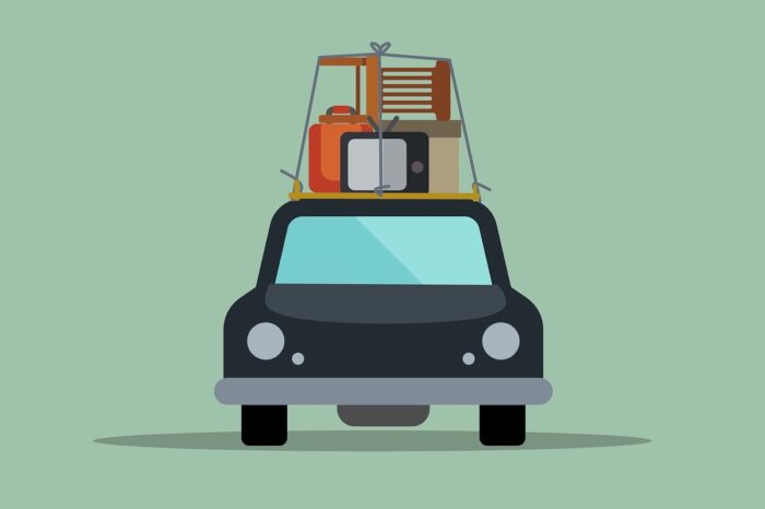 A cartoon image of a car with belongings stacked on top