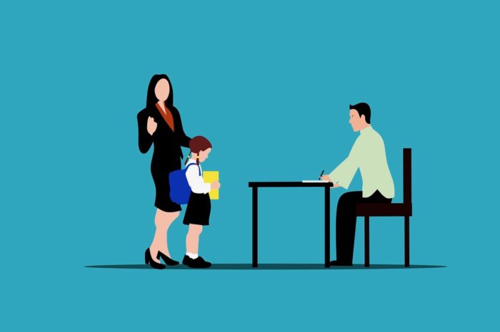 A cartoon image of a man at a desk, and a woman and a young girl stand in front of the desk looking at him