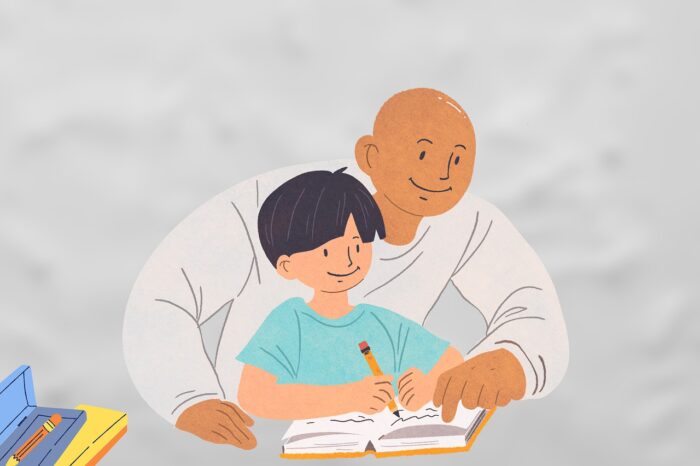 A cartoon of a man helping a boy with homework